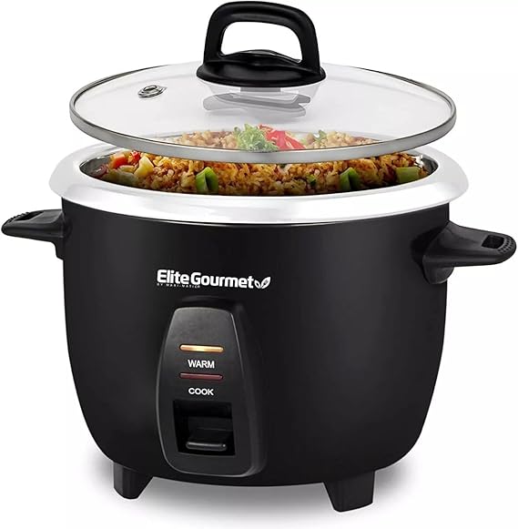 Elite Gourmet ERC2010B Rice Cooker, Stainless Steel, Black, 10 Cups Cooked