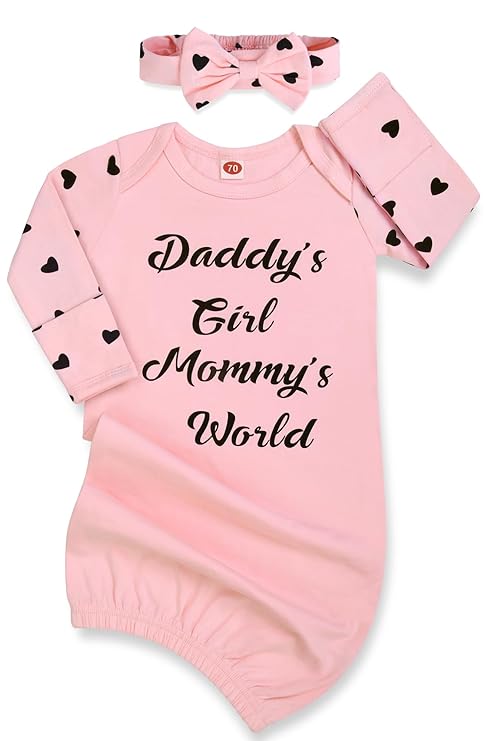 Newborn Girl Baby Nightgown, Long Sleeve Baby Gowns with Mittens & Headband, Going Home Outfit Newborns Girl with Open Bottom, Easy to Change Diapers 0-6 Months Pink Heart