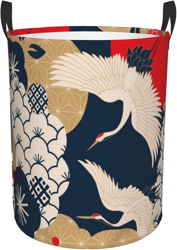 Gold Oriental Cherry Blossom and Crane Laundry Basket with Handle Waterproof Collapsible Cloth Hamper Round Storage Basket for Bathroom Bedroom College Dorm