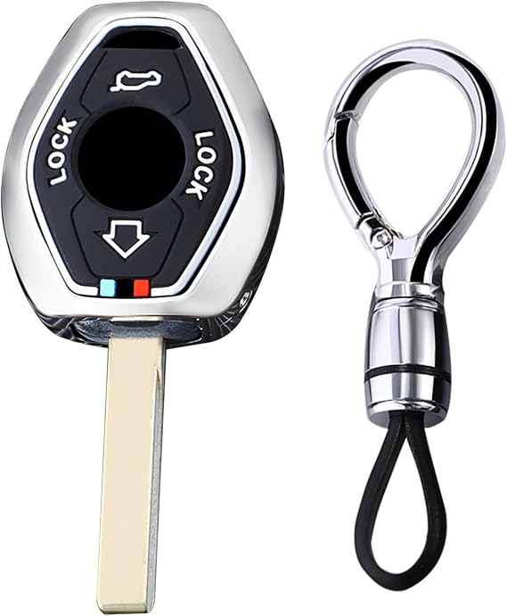 Keyless Remote Key Fob Cover with Keychain Compatible with BMW E38 E39 E46 E53 E60 E63 E61 E64 E83 E85 E86 M5 325i X3 X5 Z3 Z4 3 5 7 Series Key Shell Case Car Accessories-Short Chain Silver