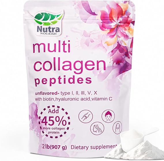Multi Collagen Peptides Powder, 2LB | (Type I, II, III, V, X) with HyaluronicAcid, Biotin & Vitamin C,Supports Hair, Skin & Joint Health,Unflavored