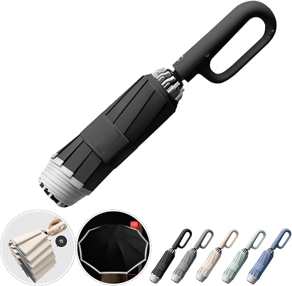 Ring Buckle Fully Automatic Umbrella, Reflective Safety Strip, Sturdy Windproof, Reverse Automatic, Travel Portable, Compact Folding (Black)