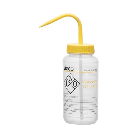 EISCO Wash Bottle for Isopropanol, 500ml - Labeled with Color Coded Chemical & Safety Information (2 Color) - Wide Mouth, Self Venting, Low Density Polyethylene Labs