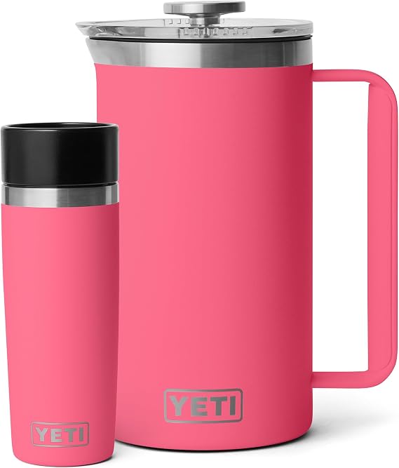 YETI Rambler 34 oz. French Press Coffee Maker, (1) 16 oz Travel Bottle, Stainless Steel, Tropical Pink