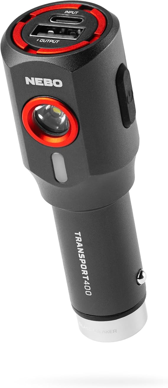 NEBO TRANSPORT 400 2-In-1 Car Charger & Flashlight | 400 Lumens, 6 Light Modes, Compact LED Light, Magnetic Pocket Clip, Waterproof, Emergency Glass Breaker, 12V DC or USB-C Rechargeable