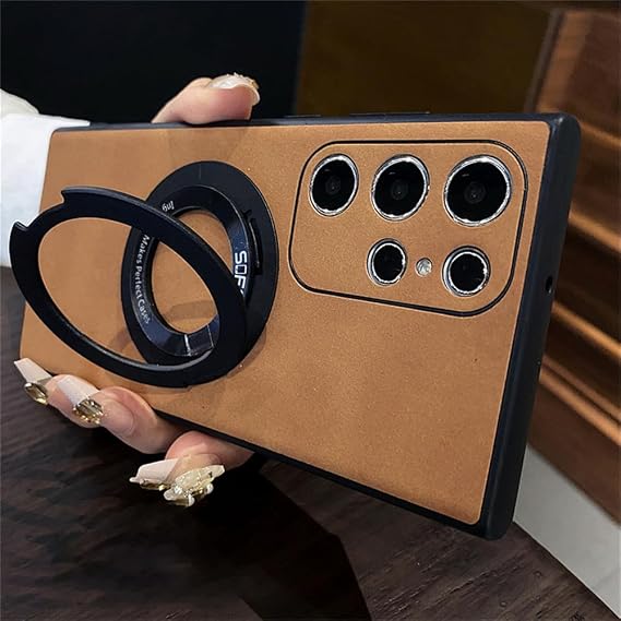 Matte Fur Leather Strong Magnetic Stand Phone Case for Samsung S24 Ultra S23 S22 S21 Plus A73 A72 A55 A54 A53 A52 A51 A32 Cover,Brown,for Galaxy A24 4G