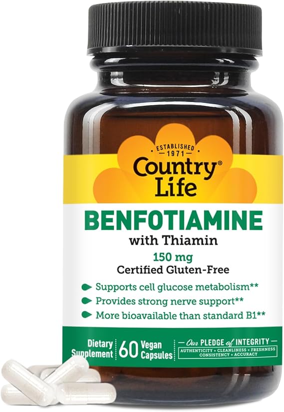 Country Life Benfotiamine 150mg with Thiamin, 60 Vegan Capsules