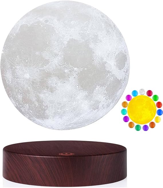 Levitating Moon Lamp.Floating and Spinning in Air Freely with Luxury Wooden Base and 3D Printing LED Moon Light Colors,for Unique Gifts,Room Decor,Night Light,Office Desk Tech Toys -6 Inch