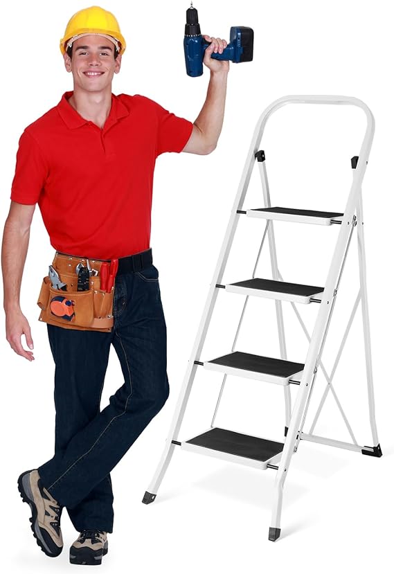 Delxo 4 Step Ladder Folding Step Stool, Heavy-Duty Sturdy Safety Tall Step Ladder Outdoor with Handrail Wide Pedal,White Lightweight Collapsible 4-Feet Step Stool Ladder for Adults Home Kitchen Indoor