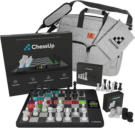 ChessUp 2 Bundle - Electronic Chess Board by Bryght Labs - Includes ChessUp 2 Board and Pieces, Carry Bag, Checkers, Promotion Piece Pack - Built-in WiFi, Chess Engine - Online Play & Companion App