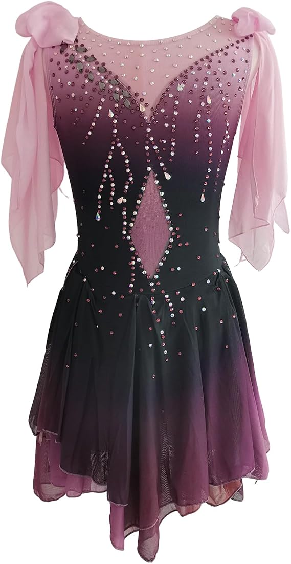 LIUHUO Ice Figure Skating Dress Girls' Competition Elegant Handmade Crystal Womens Long Sleeve