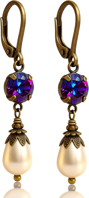 Vintage Lever back Earrings for Women Simulated Pearl Austrian Crystal Dangle Drop Victorian Antique Inspired - Jewelry Gift for Her