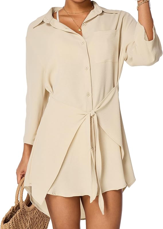 Women's Swimsuit Coverup Button Down Beach Shirt Dress