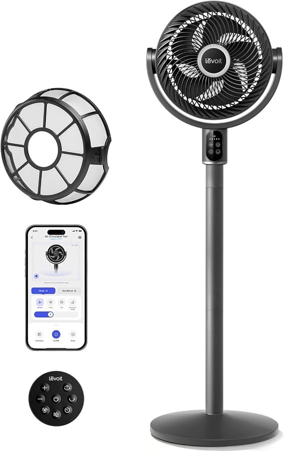 Levoit Smart Standing Fan for Bedroom, 90 Oscillating Fan, 1024CFM Airflow | 20dB Quiet, Pedestal Floor Fan with Dust Cover, DC Motor, 5 Speeds 3 Modes, 12H Timer, for Home, Room, Grey, CoreBreeze 382S