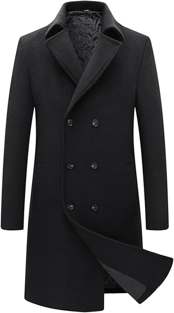 Men Notched Collar Trench Coat Classic Wool Blend Business Coat Winter Long Jacket Double Breasted Overcoat