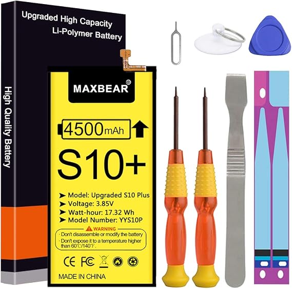 MAXBEAR Galaxy S10 Plus Battery, (Upgraded) 4500mAh 3.85V Li-Polymer Replacement Battery EB-BG975ABU for Galaxy S10+ S10 Plus SM-G9750 with Repair Tool Kit