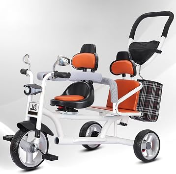 Tandem Tricycle,Dual Seats with Sponge guardrail and backrest,Parent Push Trike,Ride-on Bike with Pedals,3 Wheels Bicycle,Tricycle with Headlight (White-a-Aviation Wheel