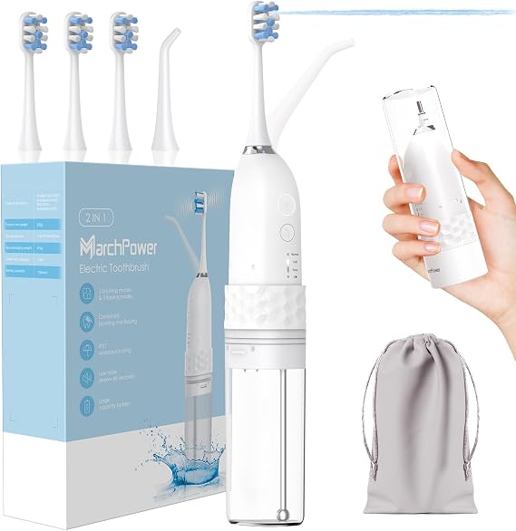 Marchpower Upgraded 2-in-1 Electric Toothbrush with Water Flosser, 3+4 Smart Modes,Portable Oral Irrigator with Point-Jet, Rechargeable IPX7 Waterproof for Home & Travel Use,White