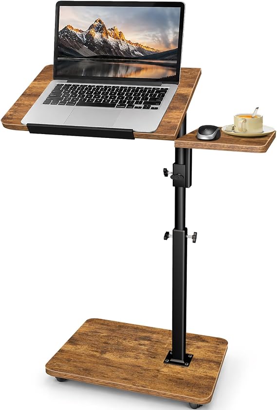 End Table Adjustable Height, 22.8"L Side Table Tv Tray with Wheels, 90 Tilting Panel Couch Table That Slides Under, Small End Table for Small Spaces, Overbed Bedside Desk Mobile Rolling Laptop Stand