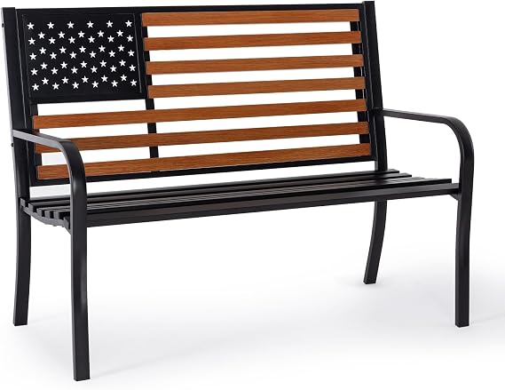 Attliasalon 50 Outdoor Bench Garden Bench with American Flag Style, Sturdy Cast Iron Metal Frame Patio Park Bench for Porch Yard Lawn Deck Park