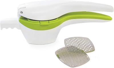 RSVP International SPUD Potato Ricer, WhiteGreen | Mash Potatoes, Fruits, Vegetables & More | Includes Medium & Coarse Plates | Pot Resting Extension | Dishwasher Safe