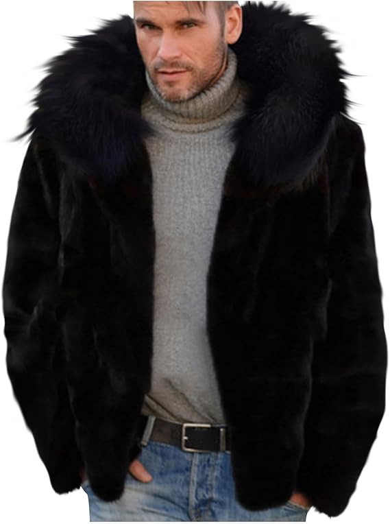 Mens Winter Coats Fashion Faux Fur Thicken Warm Jacket Cozy Plus Size Fuzzy Parka Coats Fluffy Collar Cardigan Overcoat