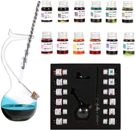 Thyggzjbs Handmade High Borosilicate Glass Glass Dip Pen Ink Set-Crystal Pen with 12 Colorful Inks for Art, Writing, Signatures, Calligraphy, Decoration, Gift