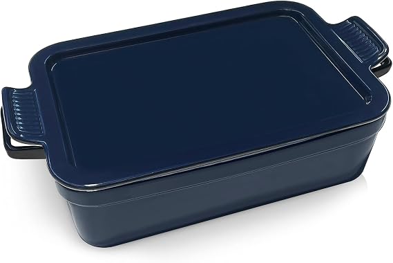 Baking Pan with Handles, Lasagna Pan Deep for Oven, Ceramic Casserole Baking Dish with Lid for Dinner, Banquet, and Party (navy blue(3.1 Quarts))