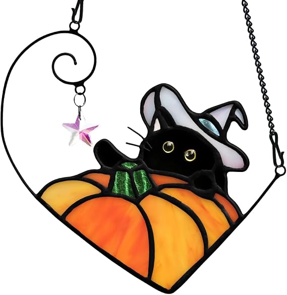 BOXCASA Black Cat Stained Glass Suncatcher, Halloween Pumpkin Witch Gifts | Handmade stained glass black cat suncatcher with pumpkin ornament and witch hat design, perfect for Halloween decor