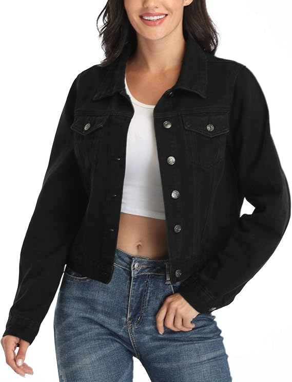 andy & natalie Women's Denim Jackets Cropped Long Sleeve Basic Button Down Crop Jean Shacket with Pockets