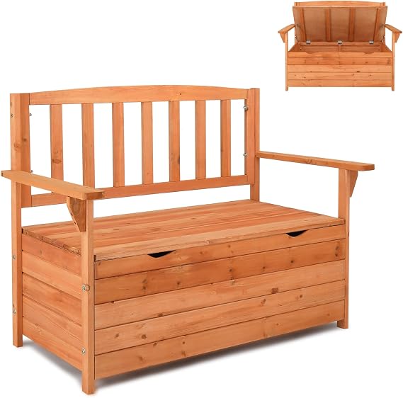 Outdoor Wood Storage Bench, Deck Box Loveseat, Natural | Waterproof Patio Organizer Provides Seating and Storage for Garden, Porch, Deck, Backyard, or Poolside