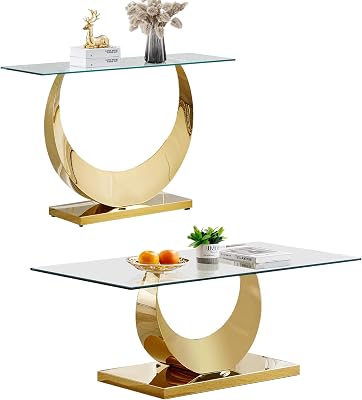 2 Pieces Luxury Gold Living Room Table Set, Modern Glass Coffee Table Set of 2, Rectangle Center Table and 1 Sofa Table with Moon-Shaped Stainless Steel Base for Living Room Apartment