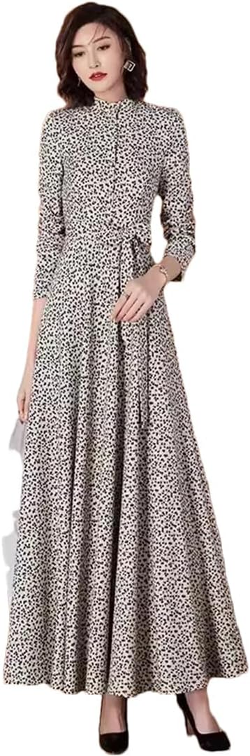 Women Print Long Dress Elegant Small Stand Collar Long Sleeve Belt Slim Overlength Dress
