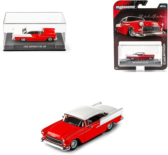 Majorette Collection 1955 Chevy Bel Air 1:64 Die-Cast Model Car with Rubber Tires & Display Case, for Collectors & Adults