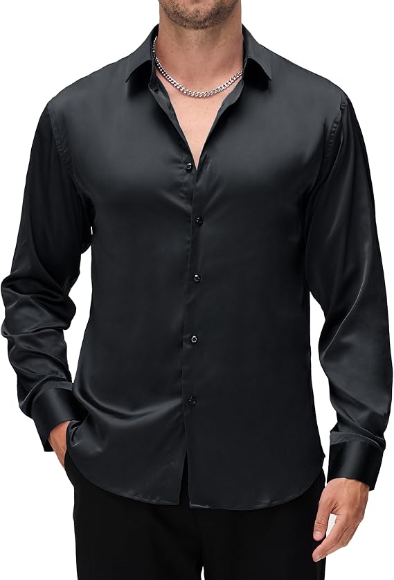 Alex Vando Mens Luxury Satin Dress Shirt Silk Shiny Sateen Party Shirt