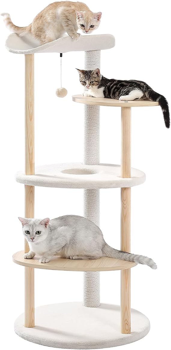 PETEPELA 5-Level Beige Cat Tree Tower, Wooden Indoor Cat Activity Center | 5-tier sturdy cat play house with multi jumping platforms and cozy resting spots, durable scratching posts for indoor cats