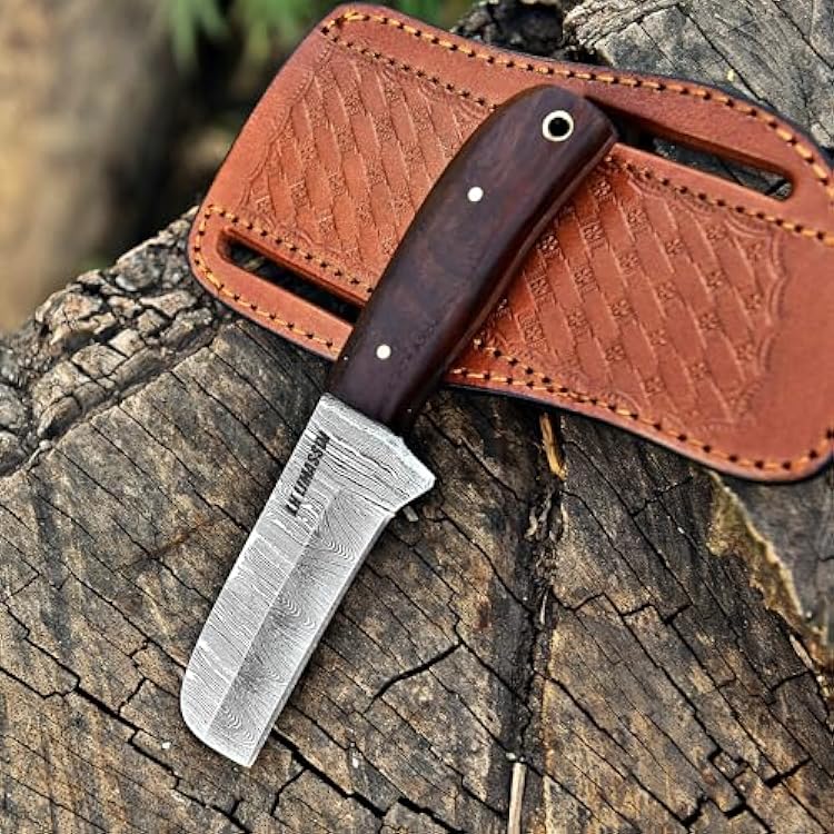 Custom Handmade Damascus steel Bull cutter knife, cowboy knives with pancake leather sheath