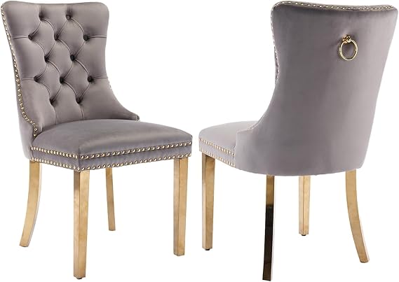 Velvet Dining Chairs Set of 2, Upholstered Accent Chairs with Stainless Steel Plating Legs, Nailhead Trim, Back Ring Pull and Button Tufted (Gray and Gold)