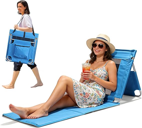 Folding Lounge Chair Beach Mat for Adults, Portable Lightweight Pool Chair with Carry Strap and Cooler Pocket, Beach Mat for Backpack Camping Poolside Lawn Garden Travel Tanning Relaxing (Blue)