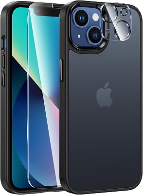 FNTCASE for iPhone 14 Case: for iPhone 13 Translucent Matte Back Cover, Metal Button, Shockproof Military Grade Drop Protection, with Screen Protector & Camera Lens Protector - 6.1 inch N-Black
