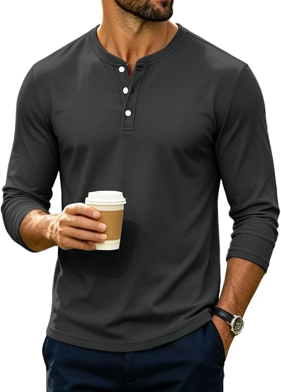 Men's Henley T-Shirts Long Sleeve Pullover Shirt Casual Heavyweight Shirts Basic Tees