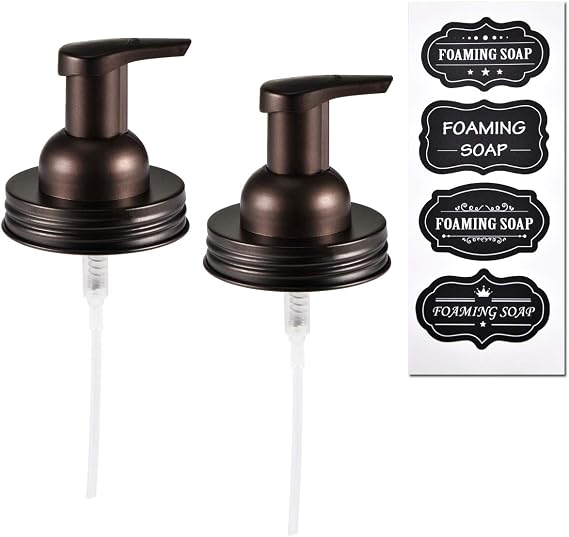 SheeChung Foaming Soap Dispenser Pump Lid Replacement with Lables, Bronze | Fits Regular Mouth Mason Jars, 2 Pack, Stainless Steel Lid, BPA-Free Pump Head for Foam Liquid Hand Soap, Dish Soap, Rustic