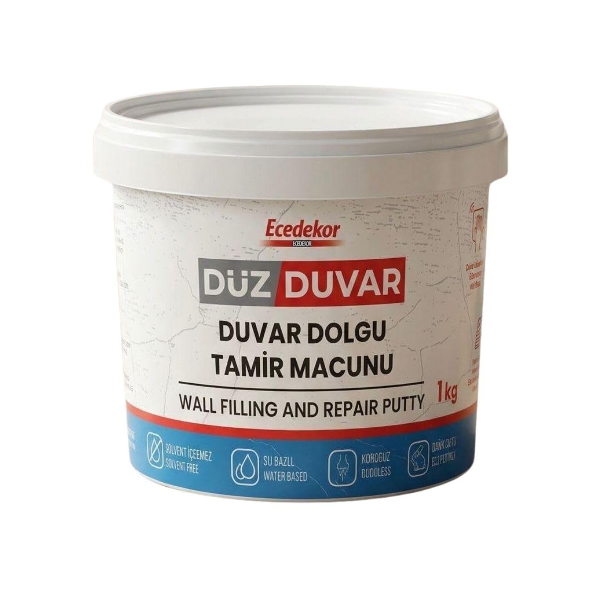 Düz Duvar - Dolgu ve Tamir Macunu, Su Bazlı, Solvent İçermez, Kokusuz, 1 kg