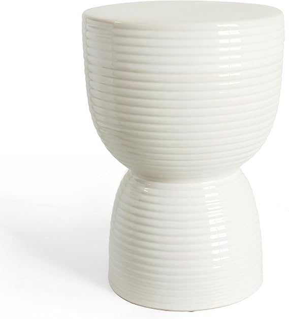 Ceramic Stool: White Ceramic Drum Shape Indoor/Outdoor Decor - 16 Inch