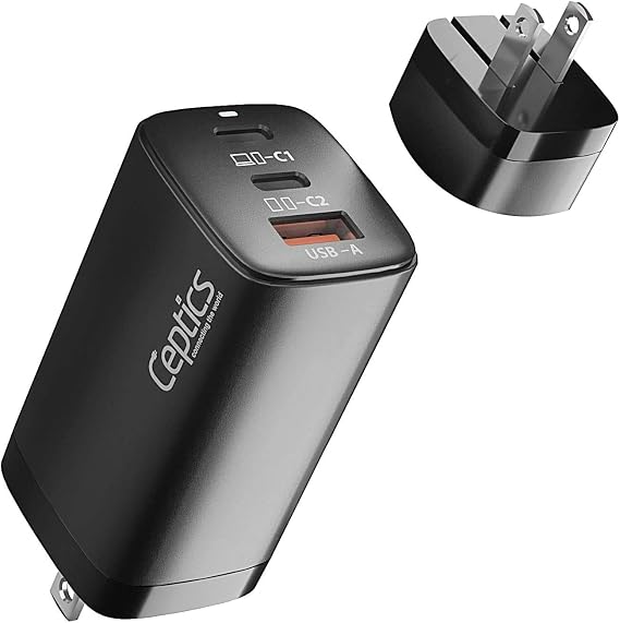 Ceptics USB C Wall Charger, 65W 3 Port PD 3.0 Ultra Compact Charger [GaN Tech], Quick Type C Charge Adapter - Small USB + Dual USB-C - USB Wall Charger for MacBook, USB C Laptops, iPad, iPhone, Galaxy