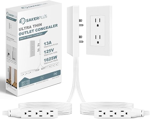 SakerPlus Flat Wall Outlet Extender, Split Extension Cord, 6AC Outlets | 8ft Flat Plug Extension Cord,Universal Size,1625W for Kitchen, Home and Office,Child & Pet Safe(Dual 8 Foot)