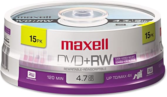 Maxell DVD+rw Rewritable Disc, 4.7 Gb, 4X, Spindle, Silver, 15 Count (Pack of 6)
