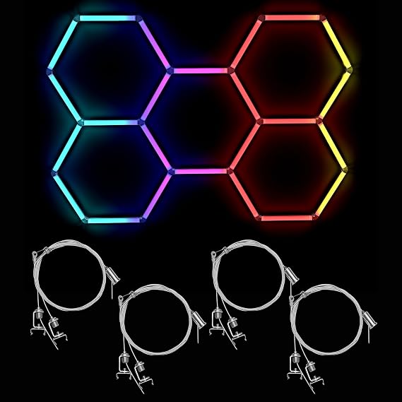 Glitgate Smart RGB Hexagon Garage Lights and 4-Pack Suspension Cable Kit Bundle, DIY LED Hex Lights Set with App/Remote Control for High Ceiling Gaming Room, Gym & Workshop, 4FT Adjustable