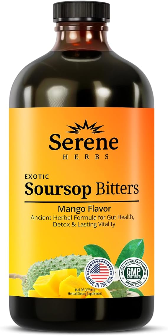 Serene Herbs Soursop Bitters Liquid with Soursop Leaves for Gut Cleanse, Detox & Immune Boost with Black Seed, Moringa, Irish Moss, Ashwaganda, Turmeric, 16 Fl Oz (Pack of 1), Mango