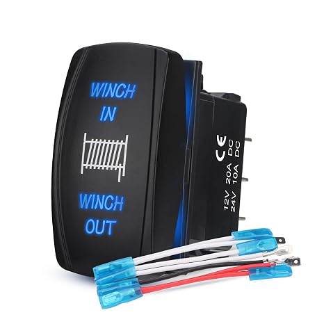 Winch Latching Switch Winch in Out, ON Off ON DPDT 7 Pins, 20A 12V 10A 24V DC, Winch Waterproof Rocker Switch, for ATV UTV Polaris Automotive Marine Boat, Blue